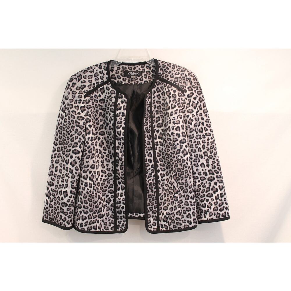 Kasper Jacket Womens 14 Leopard Animal Print Open Front Blazer Black Trim Career